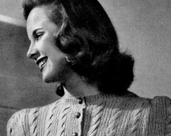 Ladies' 1940s Retro Cardigan with Fitted Waist, Tapered Waist, Elbow-length Puff Sleeves, Cables, and Ribs -- PDF KNITTING PATTERN