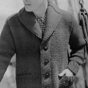 Men's 1960s Vintage Shawl-collar Cardigan Sweater Chunky Bulky Knit PDF KNITTING PATTERN image 2