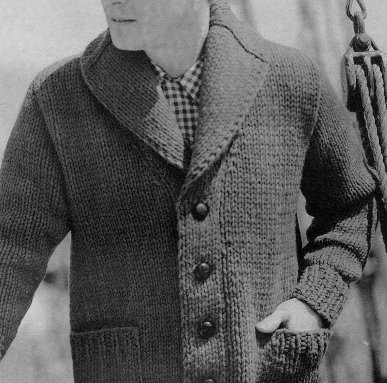 Men's 1960s Vintage Shawl-collar Cardigan Sweater Chunky Bulky Knit PDF KNITTING PATTERN image 2