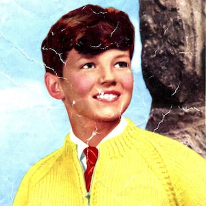 May include: A young boy with brown hair wearing a yellow knitted sweater with a red and white patterned tie. The boy is smiling and looking at the camera.