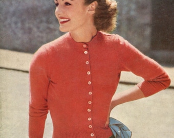 Ladies' Classic 1950s Vintage Fitted Button-up Cardigan -- PDF KNITTING PATTERN