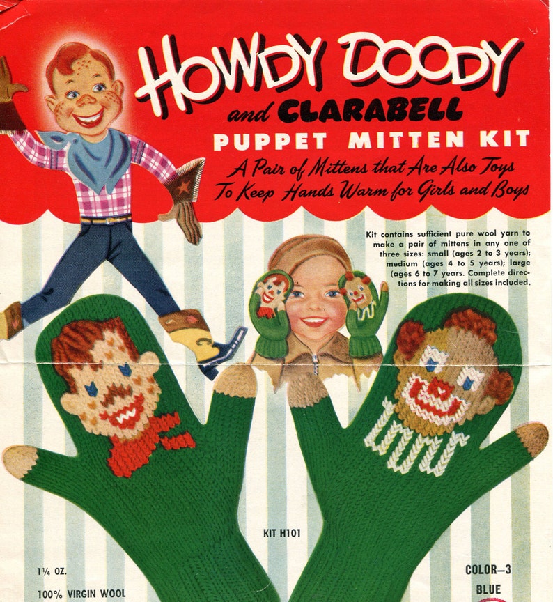 1950s Vintage Howdy Doody and Clarabelle Mittens PDF KNITTING PATTERN image 1