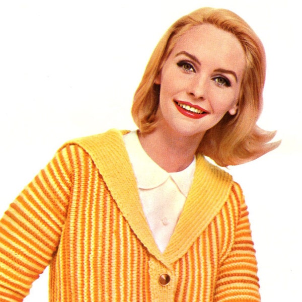 Women's 1960s Knitted Jacket with Vertical Garter Stitch Pattern and Sailor Collar  -- Simple Shaping -- PDF KNITTING PATTERN