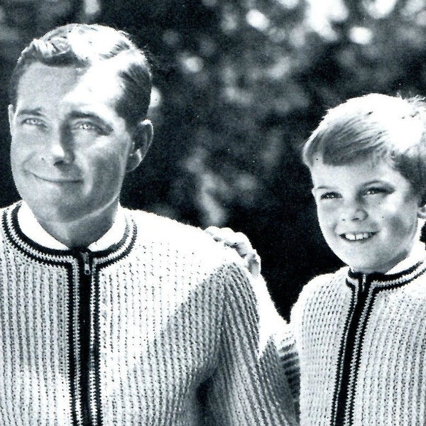 Men's and Boy's 1960s Retro Crocheted Zip-Front Cardigan with Contrast Trim -- Crocheted Sweaters -- PDF CROCHET PATTERN