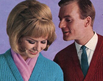 1960s Vintage Textured-Knit Versatile V-Neck Cardigan -- Patch Pockets -- for Him and Her -- All-Season Knitting --  PDF KNITTING PATTERN