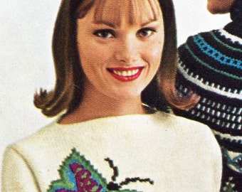 Ladies' 1960s Retro Embroidered Butterfly Pullover -- PDF KNITTING PATTERN