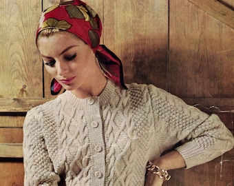 Ladies'  1960s Vintage Aran Jacket with Cables and Crewneck -- Retro Cardigan -- PDF KNITTING PATTERN