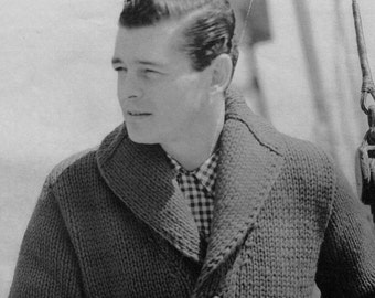 Men's 1960s Vintage Shawl-collar Cardigan Sweater -- Chunky Bulky Knit -- PDF KNITTING PATTERN