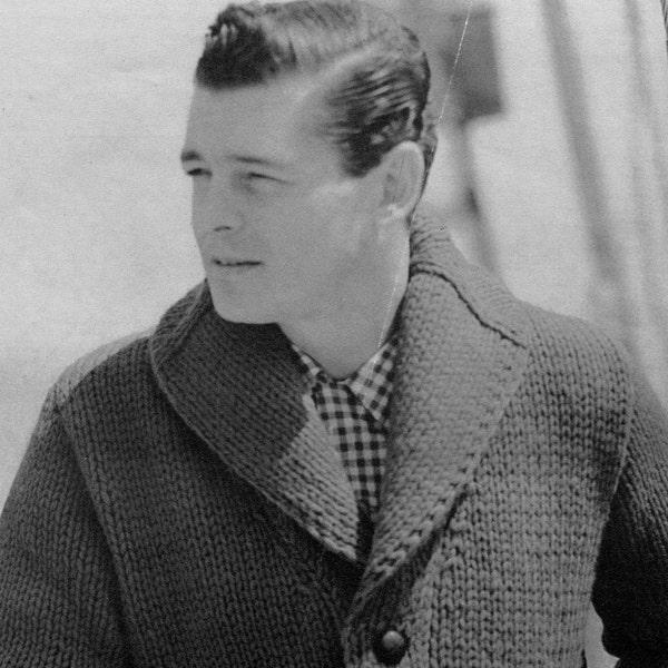 Men's 1960s Vintage Shawl-collar Cardigan Sweater -- Chunky Bulky Knit -- PDF KNITTING PATTERN