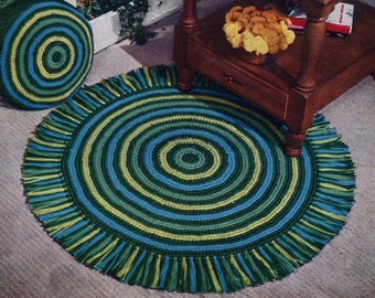 Round Crocheted Fringed Rug and Pillow, Retro 1950s Floor Decor -- Midcentury Style --  PDF CROCHET PATTERN