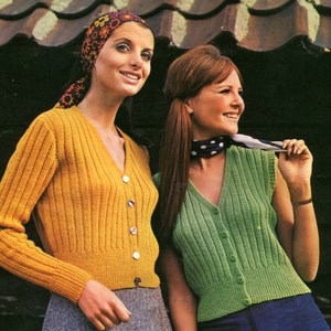 Women's 1960s Retro Ribbed V-neck Cardigan and Vest -- PDF KNITTING PATTERN