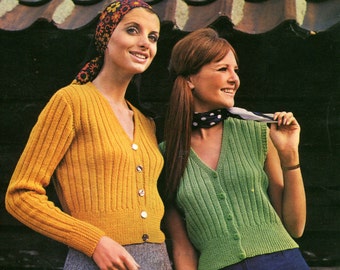 Women's 1960s Retro Ribbed V-neck Cardigan and Vest -- PDF KNITTING PATTERN