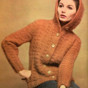 Women's 1960s Retro Mohair Hoodie with Textured Stitch -- PDF KNITTING PATTERN