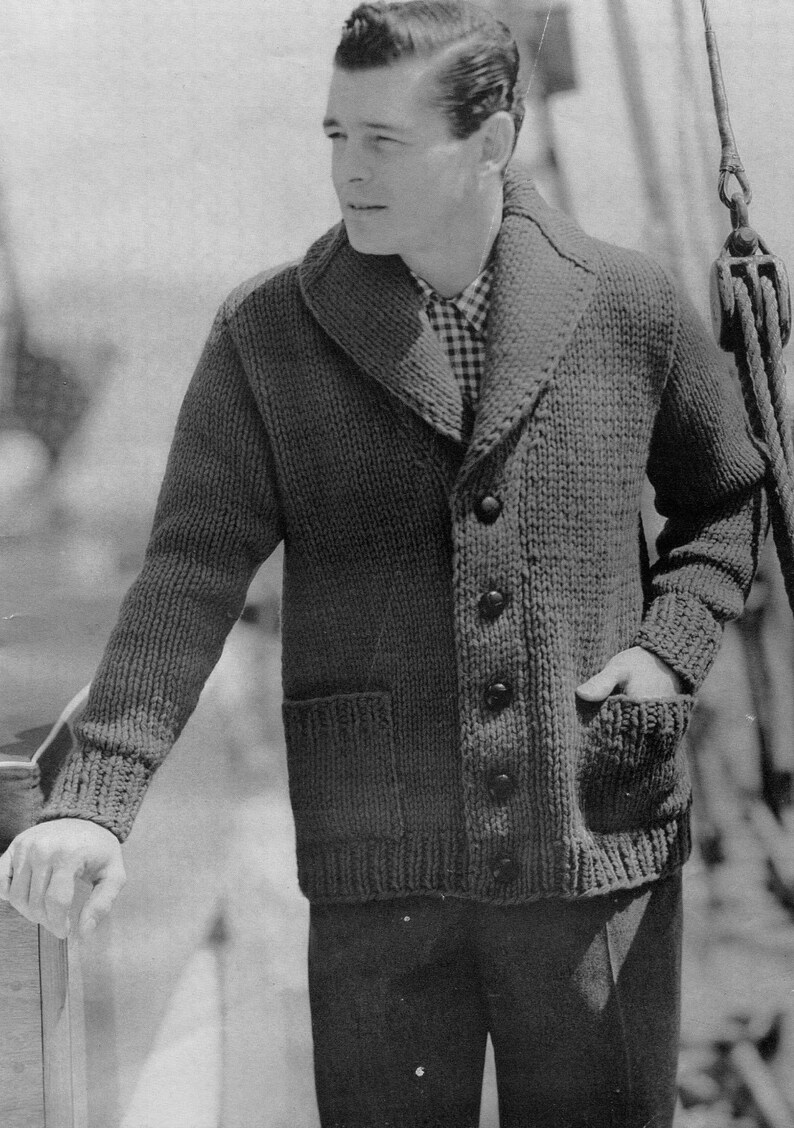 Men's 1960s Vintage Shawl-collar Cardigan Sweater Chunky Bulky Knit PDF KNITTING PATTERN image 3