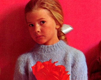 Girl's 1960s Retro Mohair Sweater Set -- V-neck Cardigan, Crewneck Pullover with Short Sleeves, Long Sleeves -- PDF KNITTING PATTERN