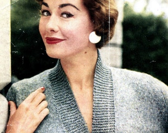 Women's 1950s Retro Fitted Deep V-Neck Cardigan with Wide Ribbing -- PDF KNITTING PATTERN