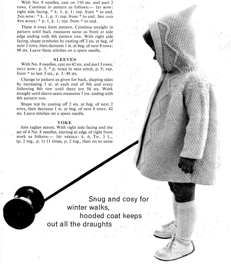 Vintage 1960s Hooded Toddler's Coat with Textured Stitch and Decorative Border PDF KNITTING PATTERN image 2