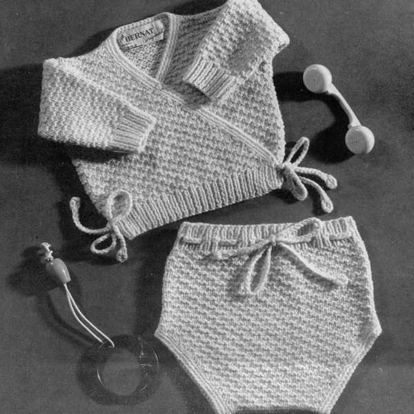 Vintage Baby Sweater Set, Textured Stitch, I-Cord Tie -- Surplice Top -- Infant Knitwear -- Sizes 6 Months to 2 Years - PDF KNITTING PATTERN