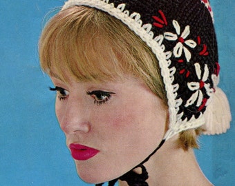 Women's 1960s Vintage Snow Cap with Embroidery Details  and Tassel - Retro Ski Cap with Embroidered Flowers - PDF CROCHET PATTERN