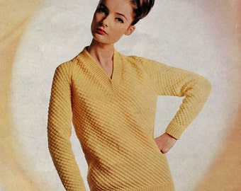 Women's 1960s Vintage Mitered V Neck Pullover Sweater with Textured Pattern and Long Raglan Sleeves, Simple Knit, PDF KNITTING PATTERN