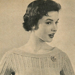 Women&#39;s 1950s Vintage Short-sleeved Fitted Lacy Blouse with Wide Scoop Neckline -- PDF KNITTING PATTERN