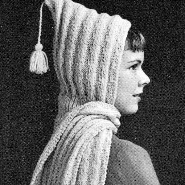 Lady's Vintage Hooded Fringed Scarf with Tasseled Cap and Cabled Mittens -- Winter Knitwear Hat/Scarf Set -- PDF KNITTING PATTERN