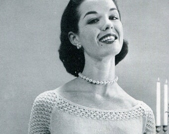 Ladies' Retro 1960s Fitted Ballet-neck Sweater Blouse, Lacy Short Sleeves -- Wide-neck Top, Knitted Blouse -- PDF KNITTING PATTERN