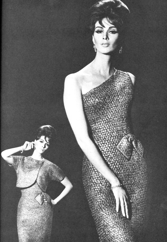 one shoulder dress with jacket Ladies' 1960s Vintage One-shoulder Sheath Dress With Cropped Jacket --  Evening Wear Ensemble -- Ribbon Knit -- PDF KNITTING PATTERN
