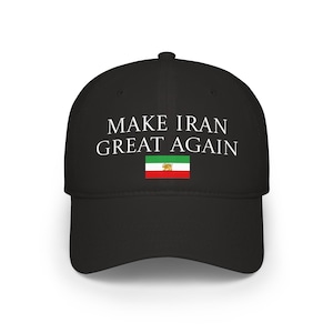 May include: Black baseball cap featuring the white text "MAKE IRAN GREAT AGAIN" above a small Iranian flag. The cap has a curved peak and a structured crown.