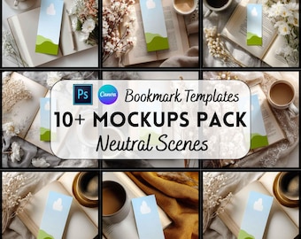 Bookmark In Book Mockup Bundle, Canva + PSD Template, Digital Download, Print on Demand