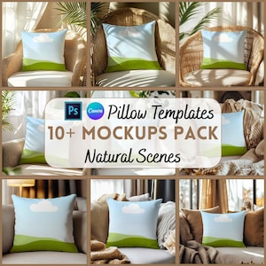 May include: A collection of throw pillow mockups featuring a natural landscape design with a blue sky, white cloud, and green hills. The pillows are displayed on various chairs and sofas. Text on the image reads "Pillow Templates 10+ MOCKUPS PACK Natural Scenes."
