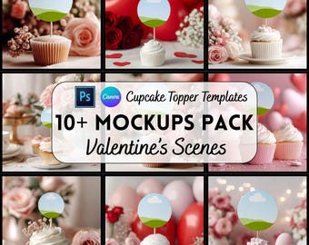 Valentines Day Cupcake Topper Mockup, Valentine Mockup, Canva Template, Digital Download, Print on Demand