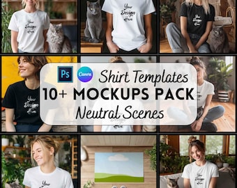 Shirt Mockup Bundle With Cat, Canva & PSD Template, Digital Download, Print on Demand