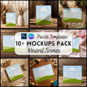 Puede incluir: Una colección de maquetas de rompecabezas con un diseño de paisaje. Los rompecabezas presentan un cielo azul con una nube blanca y colinas verdes. La imagen incluye el texto "Puzzle Templates 10+ Mockups Pack Neutral Scenes".