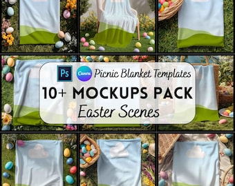 Easter Picnic Blanket Mockup Bundle, Canva & PSD Template, Digital Download, Print on Demand