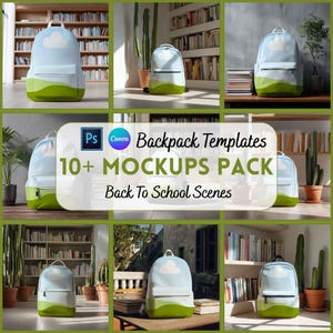 May include: Backpack templates mockup pack with a light blue backpack featuring a cloud design and green landscape. The image includes text that reads "Backpack Templates 10+ Mockups Pack Back To School Scenes". The backpack is displayed in various scenes.