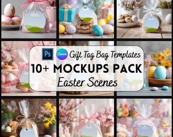 Easter Gift Tag Bag Mockup Bundle, Canva + PSD Template, Digital Download, Print on Demand