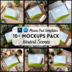 May include: A collection of mouse pad mockups with a landscape design, featuring a blue sky, white clouds, and green hills. The image includes white computer mice, keyboards, and other office supplies. Text on the image reads "Mouse Pad Templates 10+ MOCKUPS PACK Neutral Scenes."