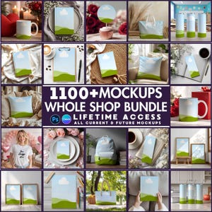 May include: A selection of product mockups, including mugs, tote bags, and notebooks, each showcasing a design with a blue sky, white cloud, and green landscape. The image also features the text "1100+ MOCKUPS WHOLE SHOP BUNDLE LIFETIME ACCESS".