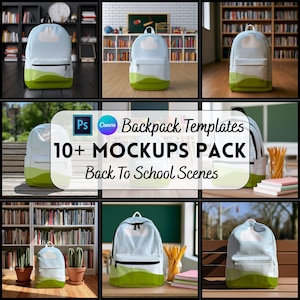 May include: A digital mockup pack featuring a backpack with a light blue sky, white cloud, and green hill pattern. The text reads: Backpack Templates 10+ MOCKUPS PACK Back To School Scenes, including Adobe Photoshop and Canva logos for design.