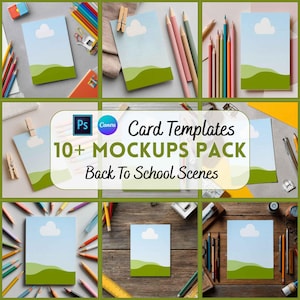 May include: A collection of mockups featuring card templates with a sky and landscape design. The image includes pencils, paper clips, and the text "Card Templates 10+ Mockups Pack Back To School Scenes."