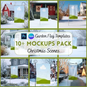 Puede incluir: Una colección de maquetas de banderas de jardín con un diseño de una nube sobre colinas verdes contra un cielo azul. Las banderas se muestran en varias escenas navideñas al aire libre, con nieve y casas en el fondo. El texto de la imagen dice "Garden Flag Templates" y "10+ Mockups Pack Christmas Scenes."