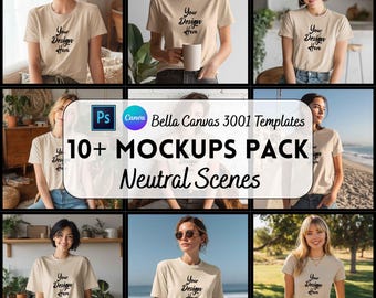 Bella Canvas 3001 Tan Mockup Bundle, Tshirt Mockup, Canva + PSD Template, Print on Demand