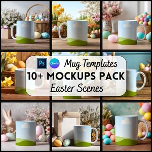 Op de afbeelding: Een verzameling mok-mockups met een Paasthema. Elke mok heeft een ontwerp met een blauwe lucht, een witte wolk en groene heuvels. De tekst op de afbeelding luidt "Mug Templates 10+ Mockups Pack Easter Scenes".