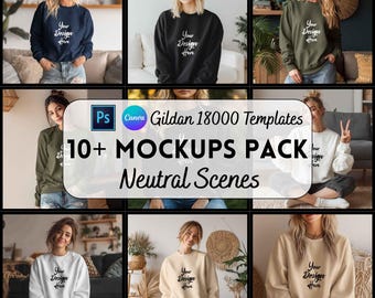 Mockup Gildan 18000, Mockup de Moletom, Modelo Canva e PSD, Download Digital