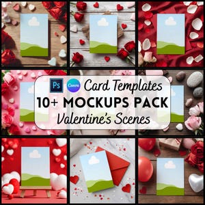 May include: A collection of Valentine's Day mockups featuring cards with a blue sky and green landscape design. The image includes roses, hearts, and the text "Card Templates 10+ Mockups Pack Valentine's Scenes."