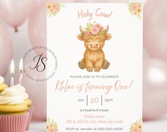 May include: A birthday invitation with a watercolor illustration of a Highland cow wearing a floral crown. The text "Holy Cow!" and "Khloe is turning One!" are displayed in a soft, elegant font. The invitation includes event details.