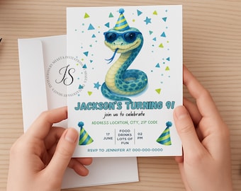 May include: A birthday invitation featuring a cartoon snake wearing sunglasses and a party hat. The invitation reads "Jackson's Turning 9!" with event details. The invitation is held in front of a white envelope.