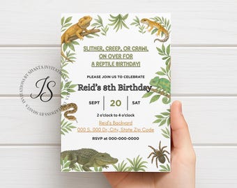 May include: A reptile-themed birthday invitation with a white background. The invitation features illustrations of lizards, snakes, and a spider, with text that reads "Slither, Creep, or Crawl on Over for a Reptile Birthday!" and details for Reid's 8th birthday.