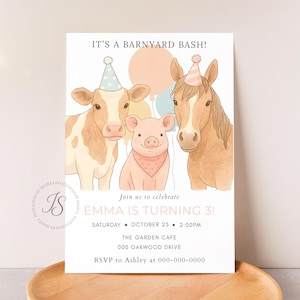 May include: A party invitation with a watercolor illustration of a cow, pig, and horse wearing party hats. The text reads "It's a Barnyard Bash!" and announces Emma's 3rd birthday party, including the date, time, and location.